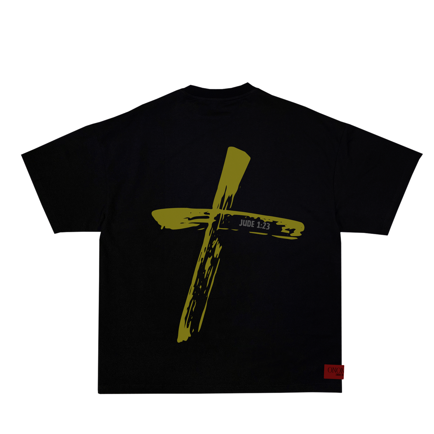 The back Onomaly "Robbing Hell" T shirt. Black shirt with yellow cross with the text "jude 1:23"