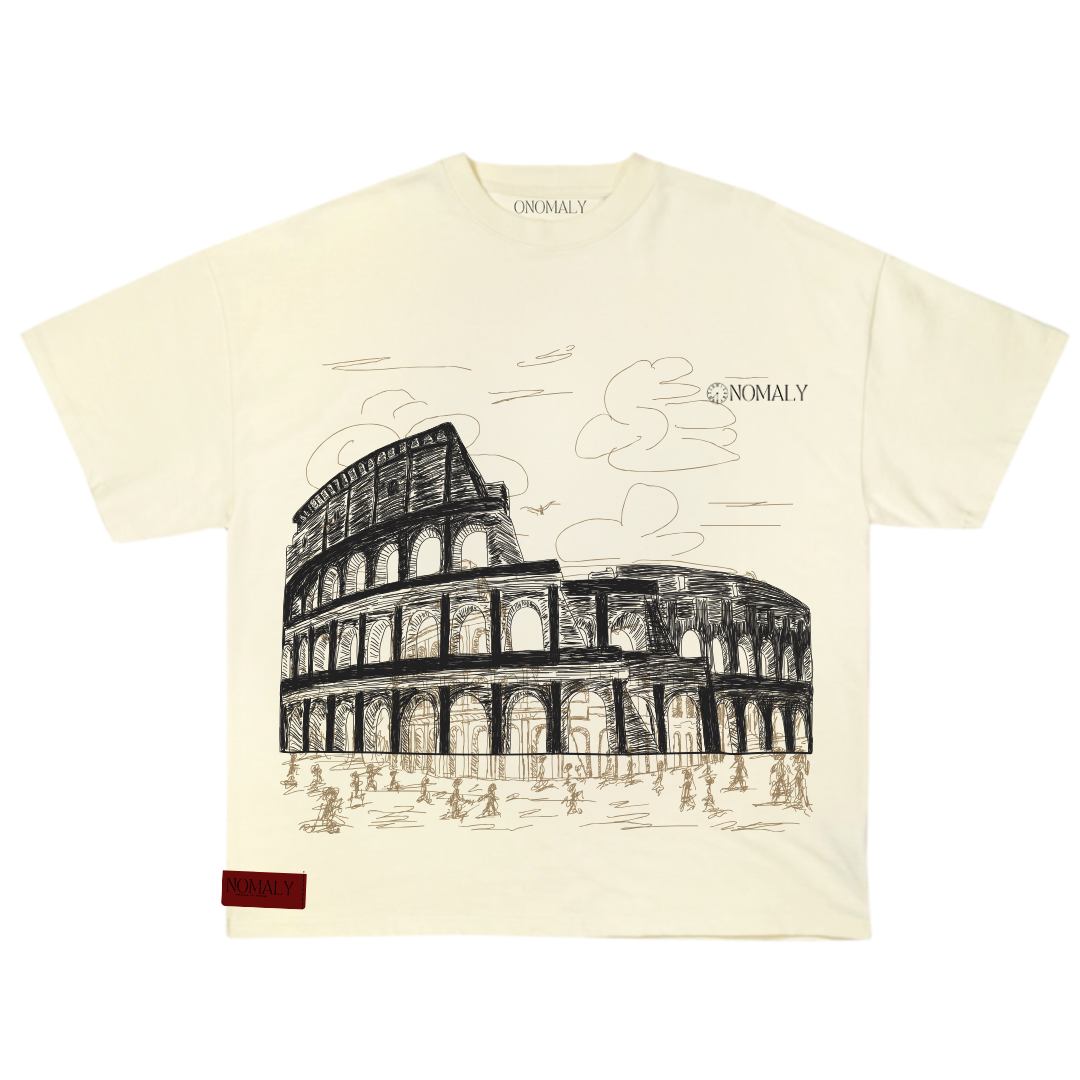 Front of Onomaly "Sanctification" tee. Cream colored shirt with a graphic of a sketched drawing of the roman colosseum