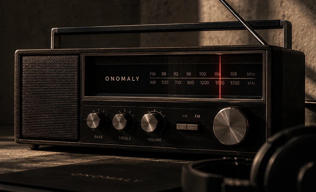 Photorealistic vintage ONOMALY radio on a moody studio tabletop